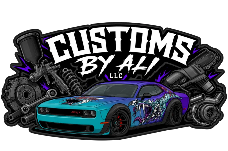 CustomsByAli logo — stylized Dodge Challenger with custom wrap and airbrush graphics