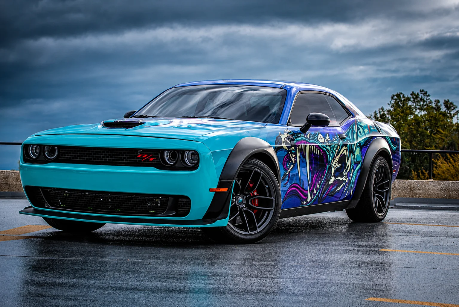 Custom teal and purple Dodge Challenger with custom graphics wrapped by CustomsByAli in Elyria, OH